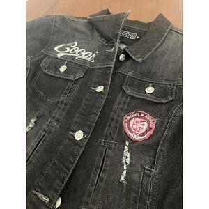 Coogi Black Distressed Denim Jean Jacket Kids Girls Youth Embroidered Sz M MINT